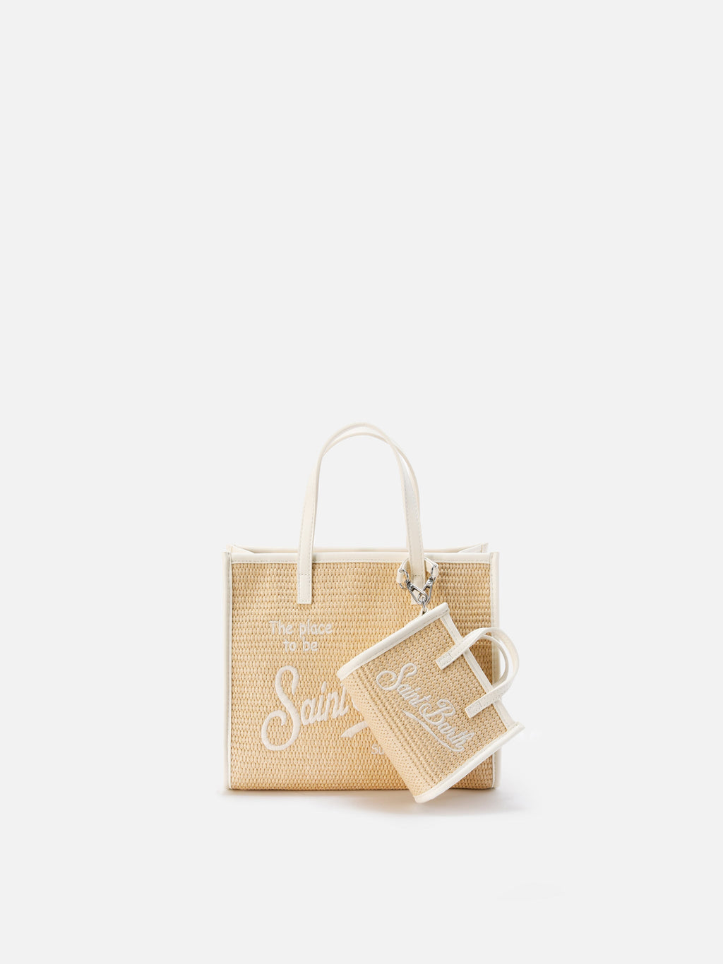 Borsa Vivian micro effetto paglia con logo bianco ricamato