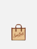 Borsa Vivian micro effetto paglia con logo marrone ricamato