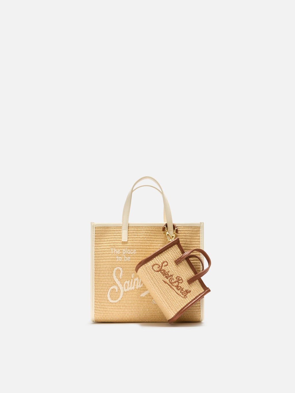 Borsa Vivian micro effetto paglia con logo marrone ricamato