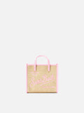 Borsa Vivian mini in tessuto effetto paglia con logo rosa ricamato