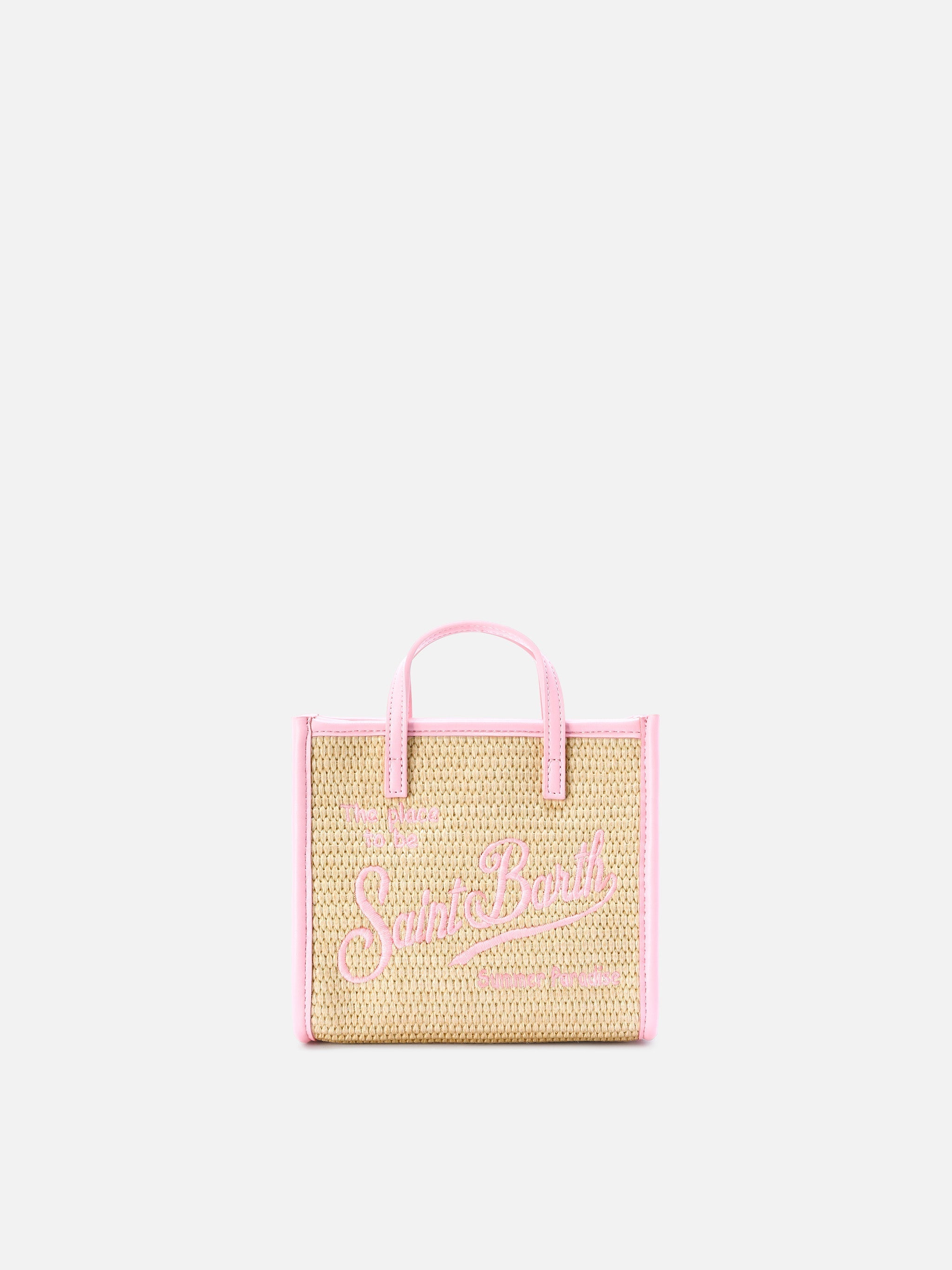 Borsa Vivian mini in tessuto effetto paglia con logo rosa ricamato