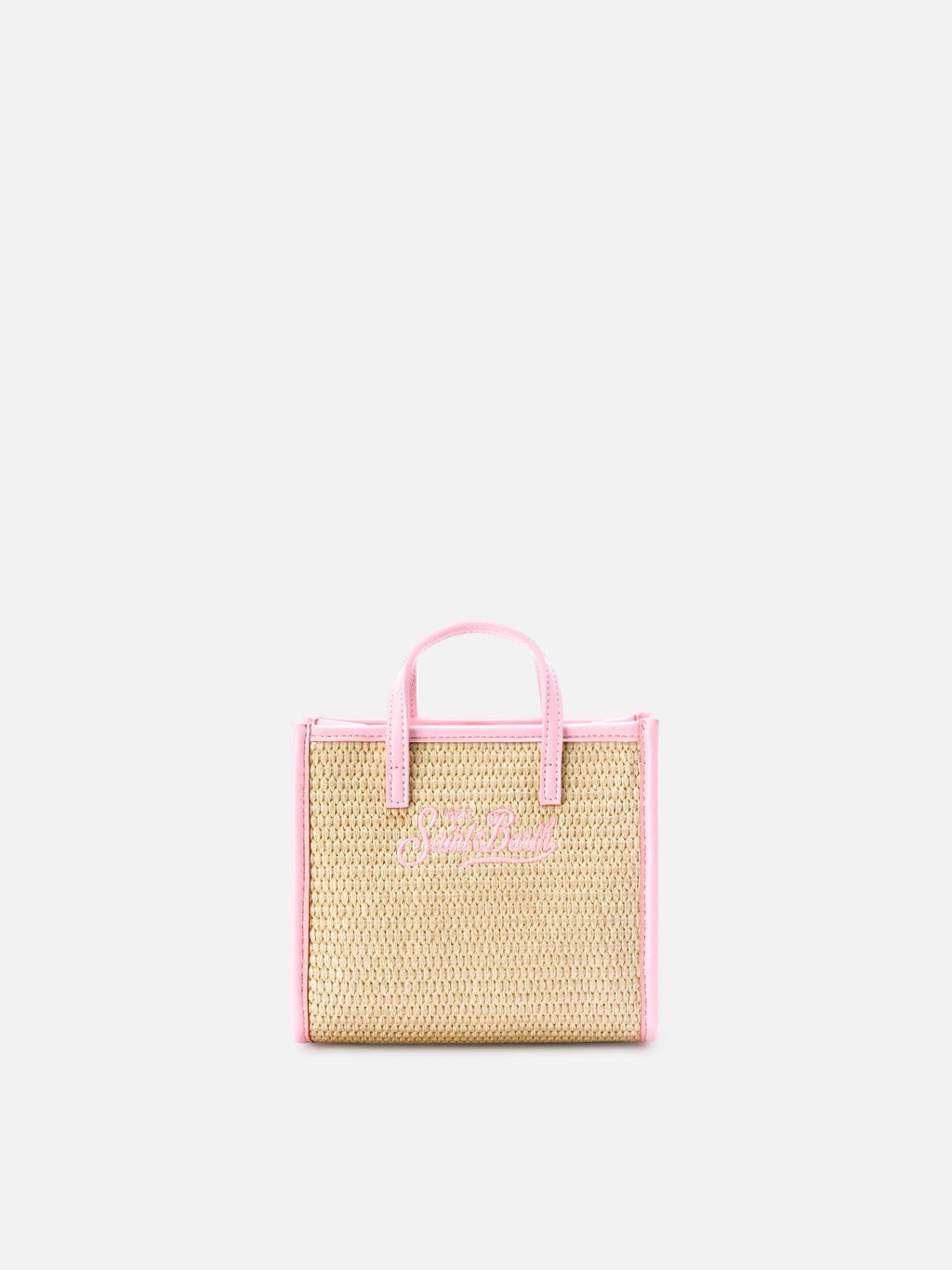 Borsa Vivian mini in tessuto effetto paglia con logo rosa ricamato