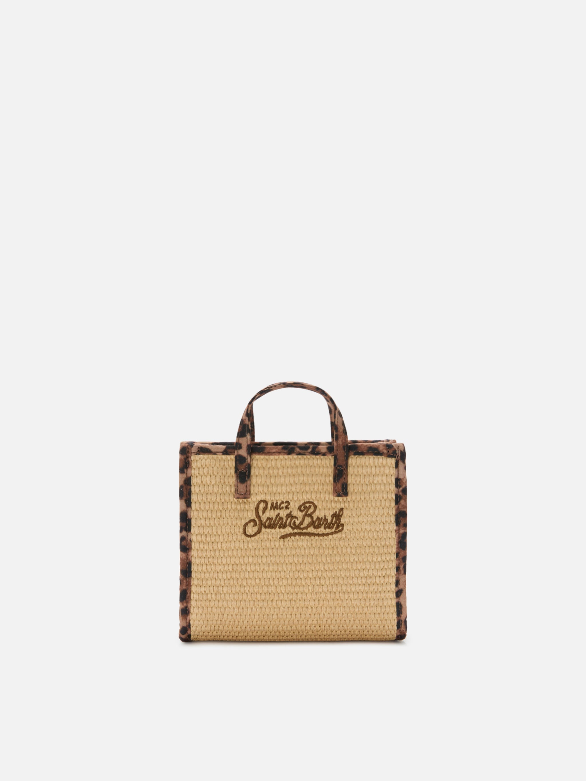 Borsa Vivian mini in tessuto effetto paglia con profili leopardati