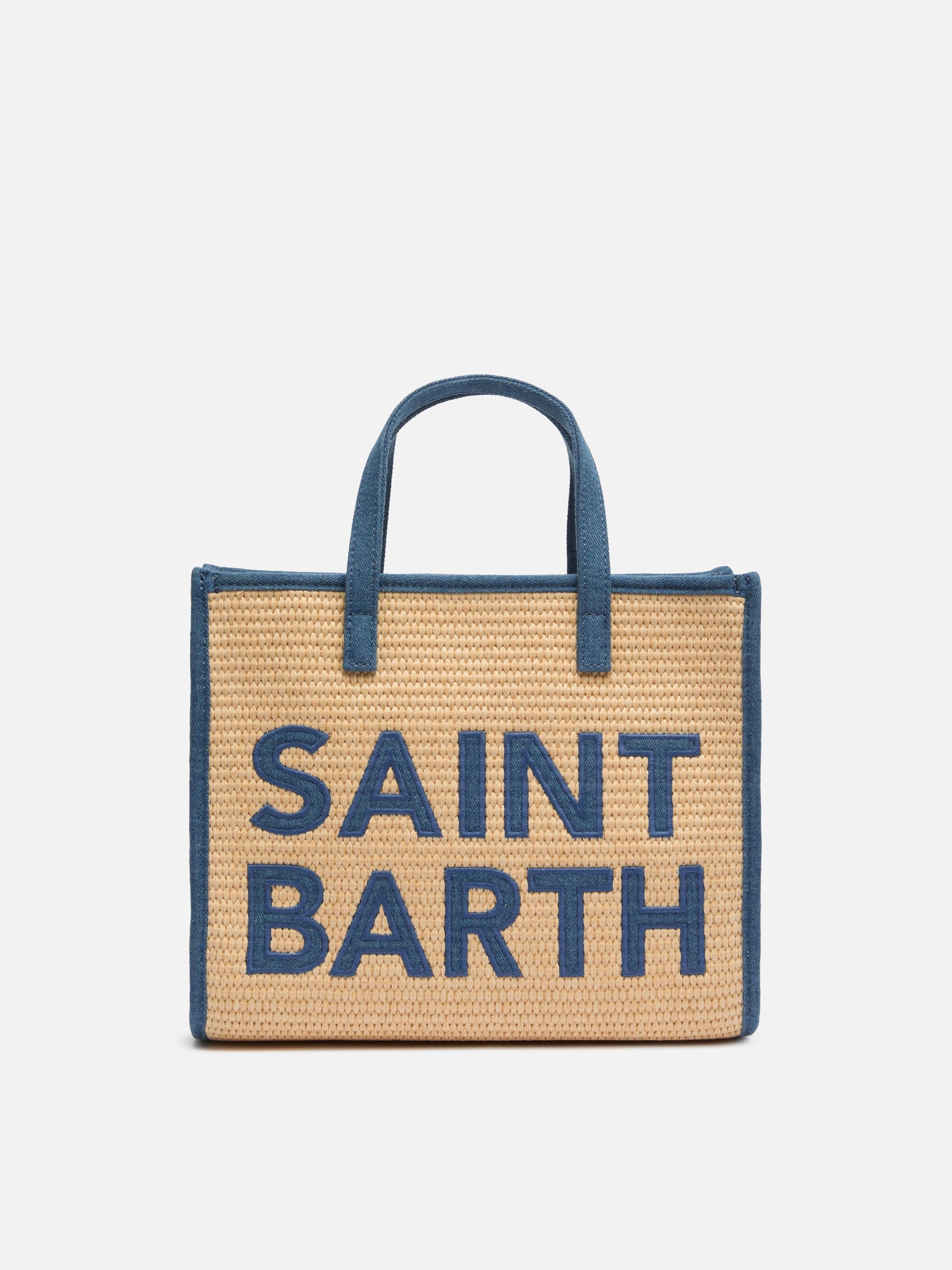 Borsa Vivian Mid Straw beige effetto paglia con patch denim