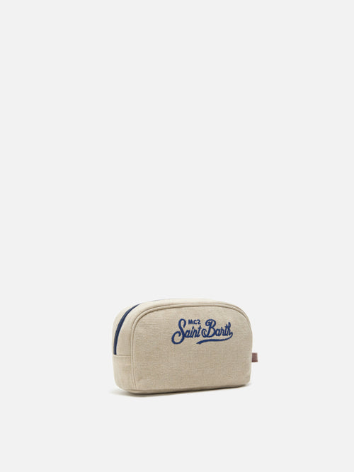 Beauty Bag Westwood in lino biege con logo ricamato