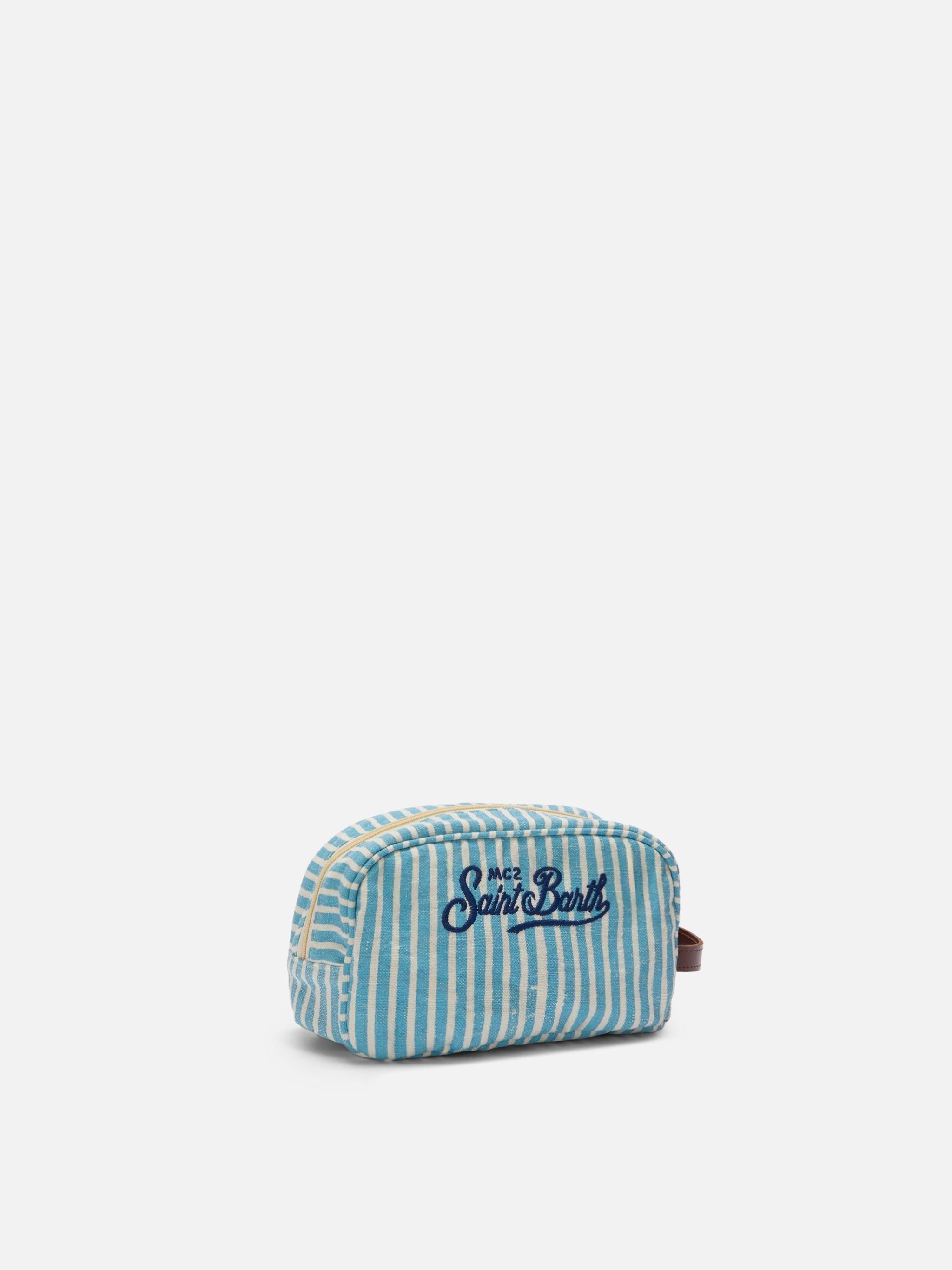 Beauty Bag Westwood in lino con fantasia a righe azzurro e bianco