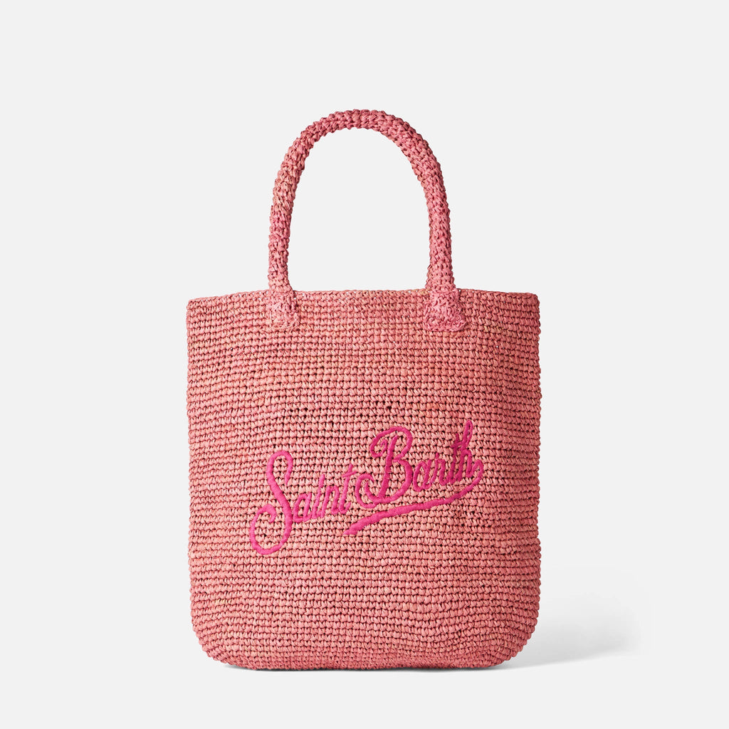 Borsa a secchiello in rafia rosa con ricami
