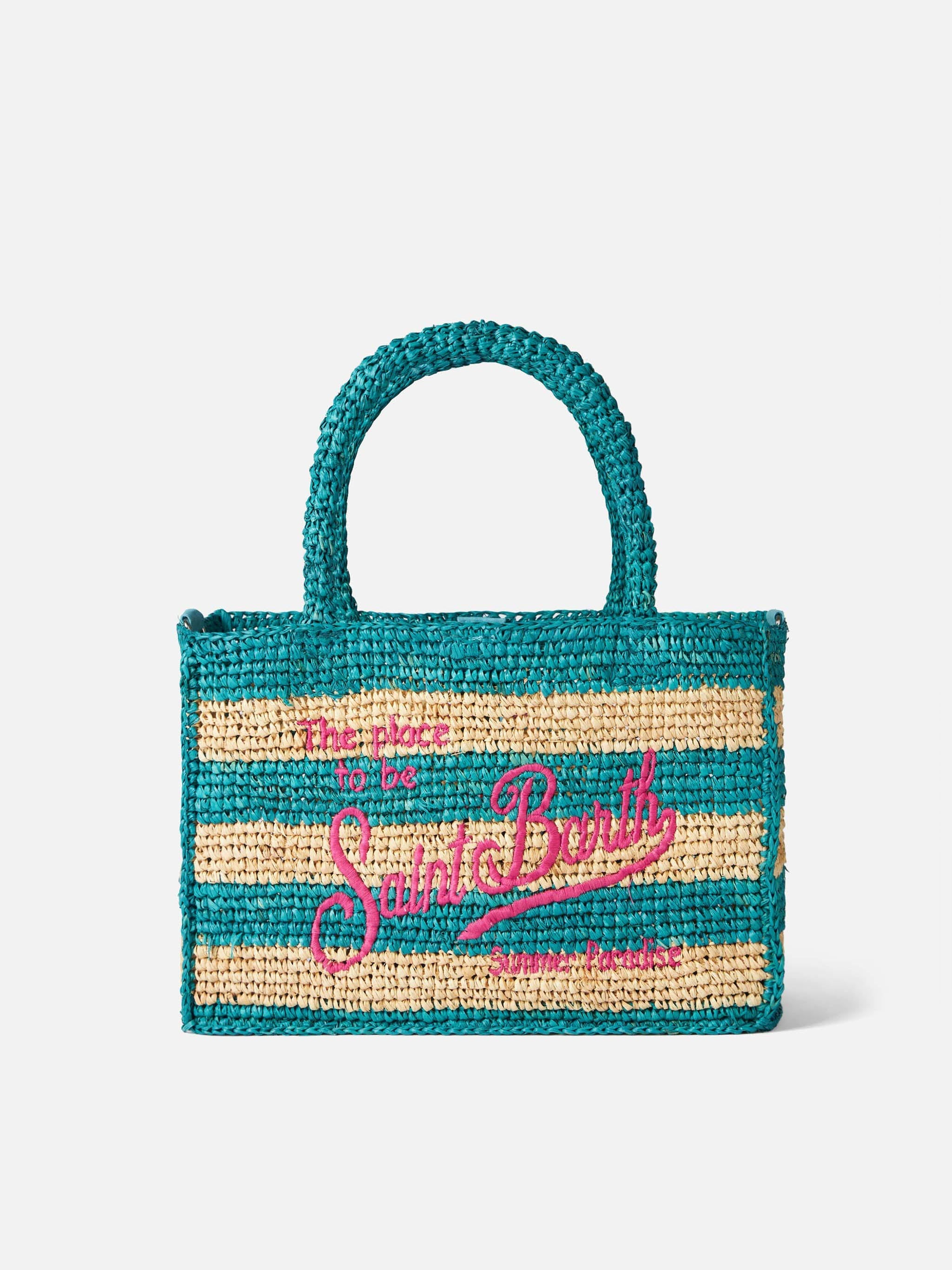 Borsa Colette in rafia a righe bianche e bluette