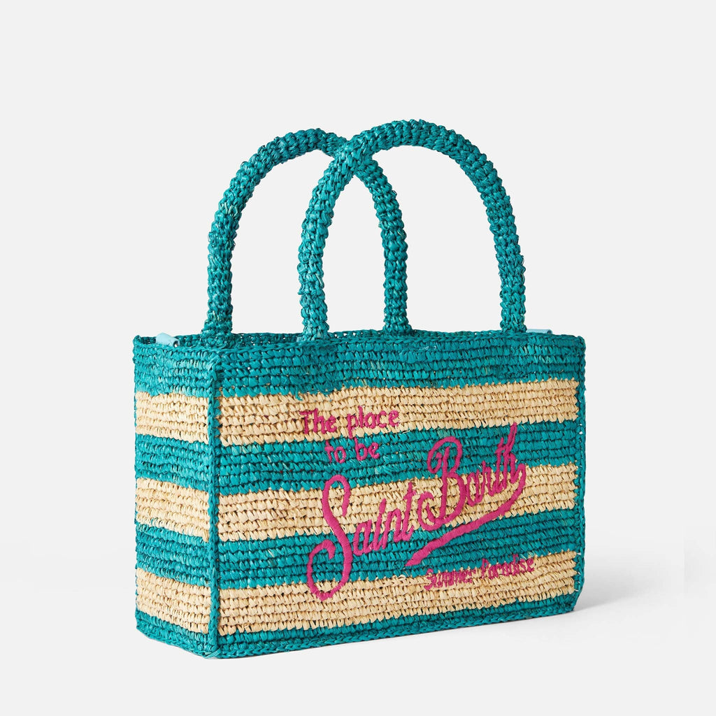 Borsa Colette in rafia a righe bianche e bluette